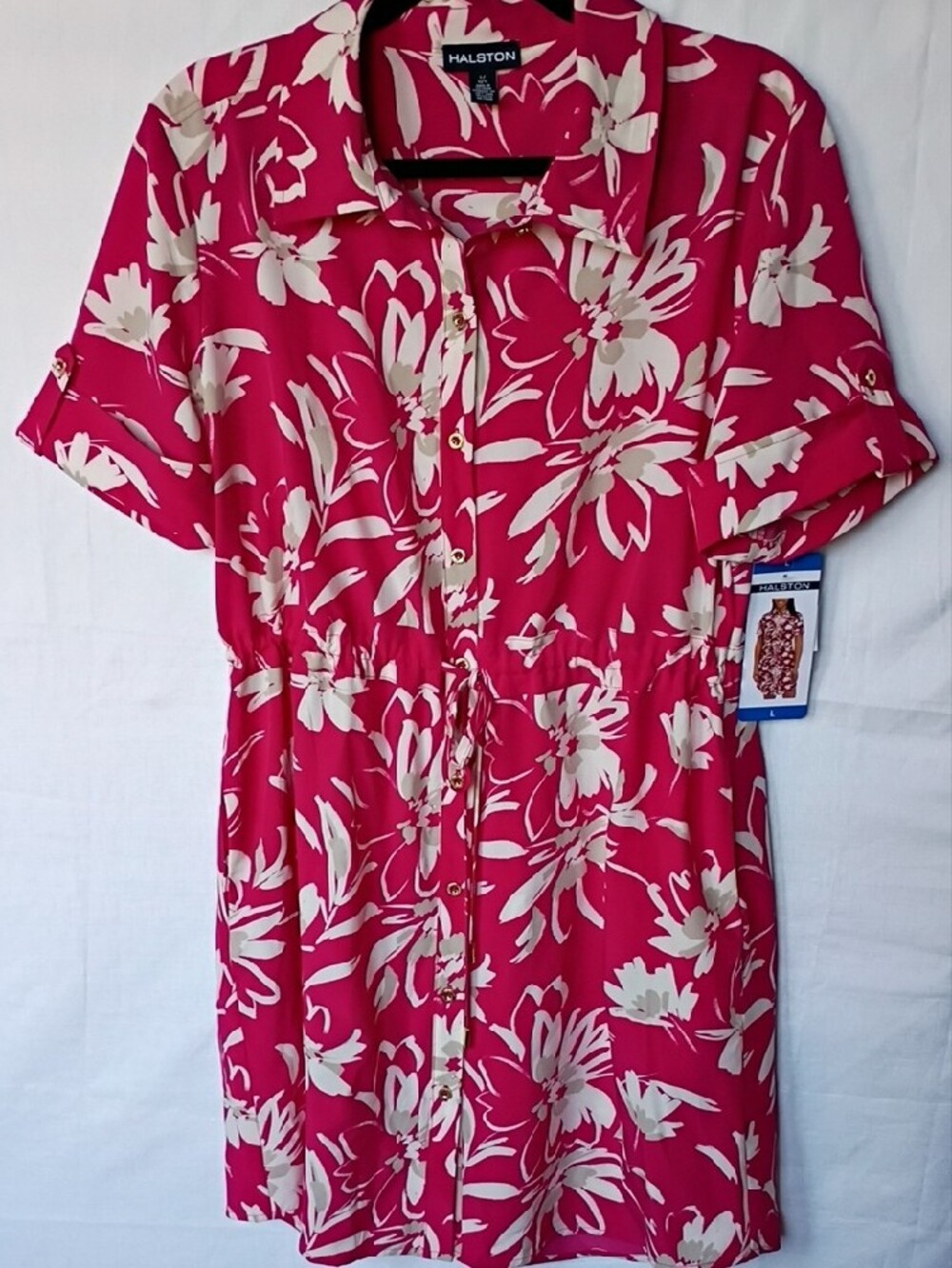 Halston  Women's  Floral Fuschia Shirt Dress  With Pockets Size L - Picture 4 of 10